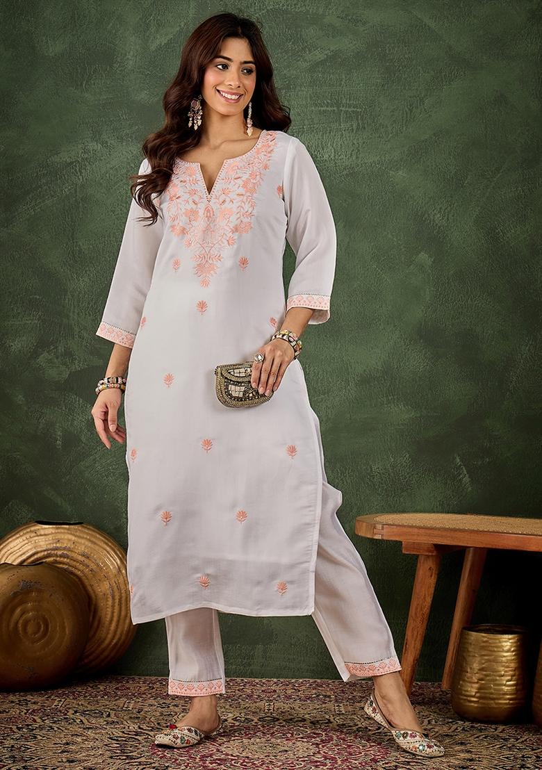 Peach Embroidered Roman Silk Blend Kurta Set - Indya