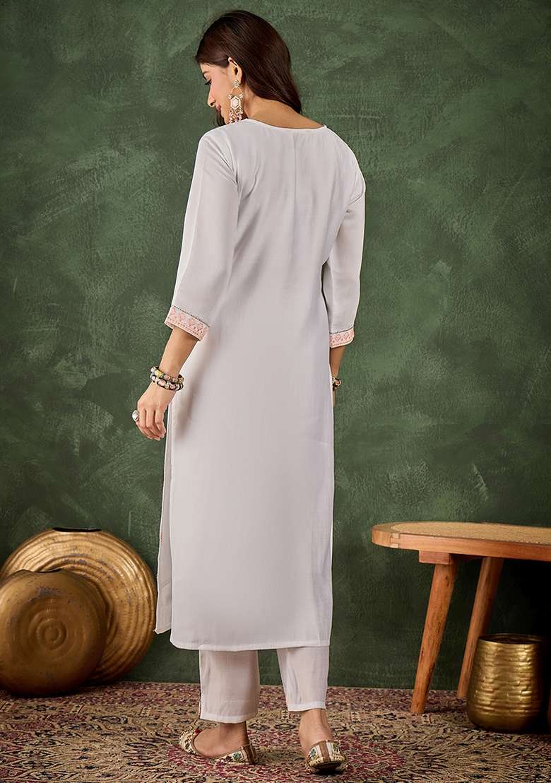 Peach Embroidered Roman Silk Blend Kurta Set - Indya