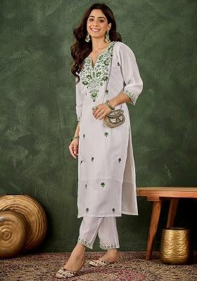 Pista Embroidered Roman Silk Blend Kurta Set