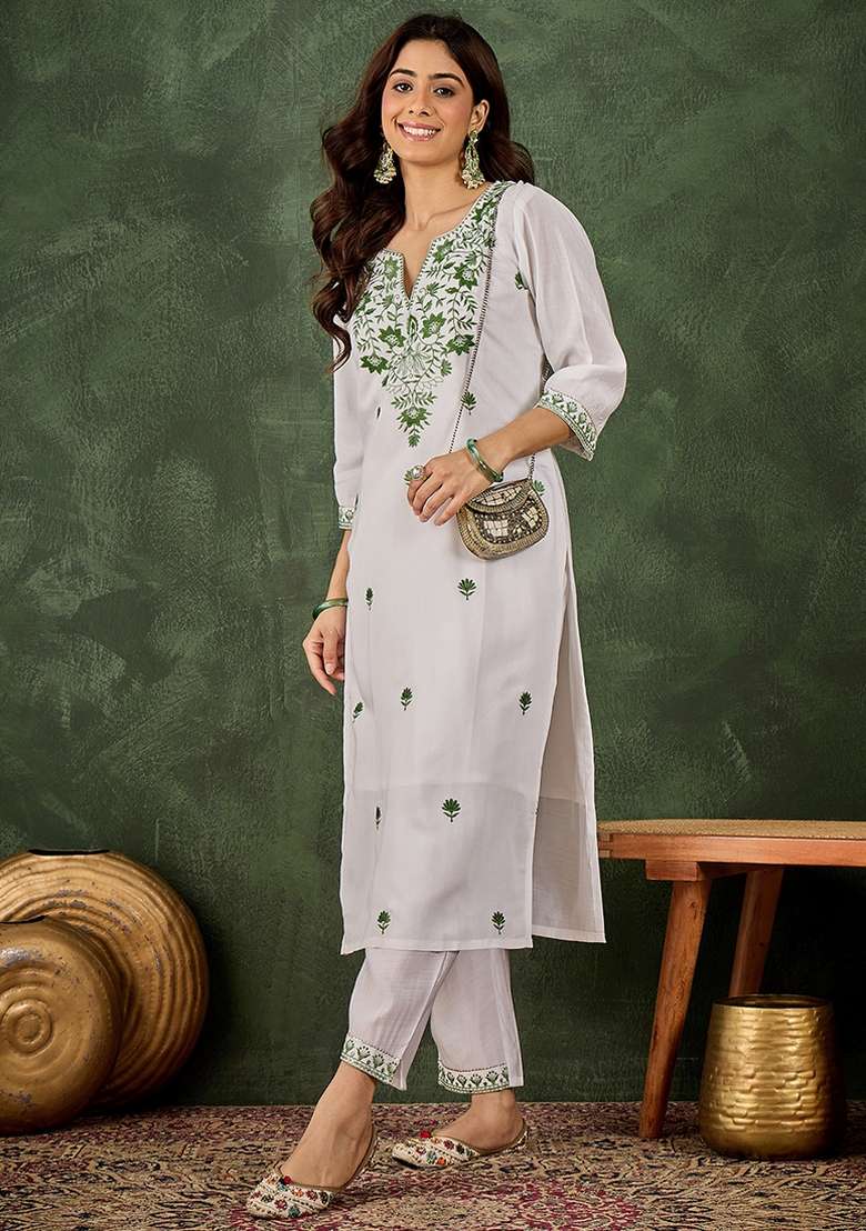 Pista Embroidered Roman Silk Blend Kurta Set - Indya