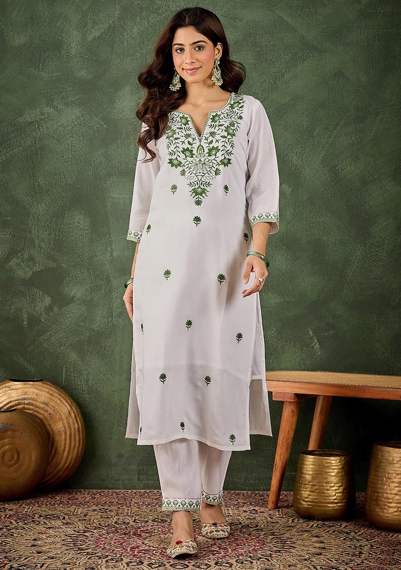 Pista Embroidered Roman Silk Blend Kurta Set - Indya