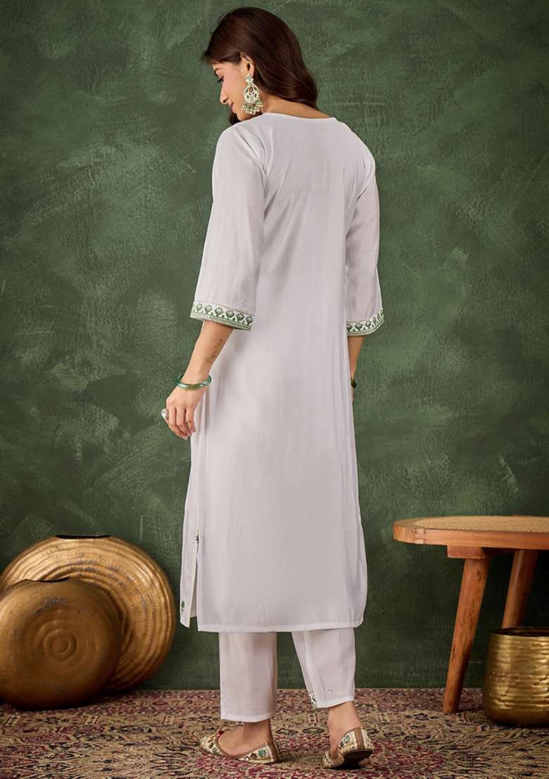 Pista Embroidered Roman Silk Blend Kurta Set - Indya