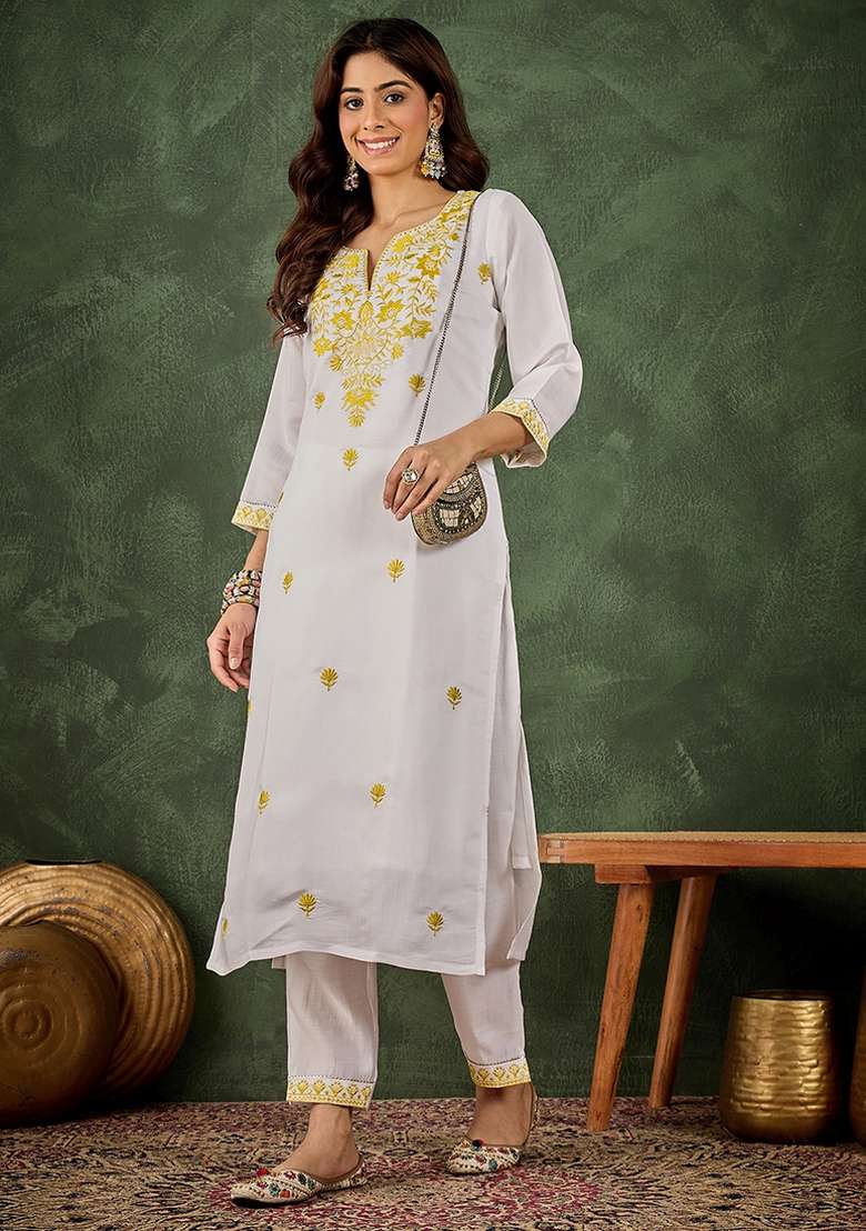 Yellow Embroidered Roman Silk Blend Kurta Set - Indya