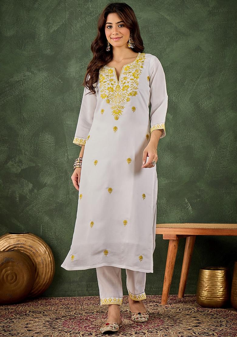 Yellow Embroidered Roman Silk Blend Kurta Set - Indya