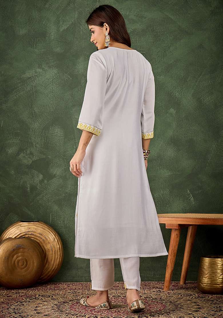 Yellow Embroidered Roman Silk Blend Kurta Set - Indya