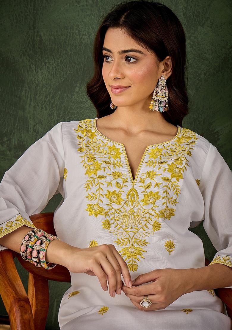 Yellow Embroidered Roman Silk Blend Kurta Set - Indya