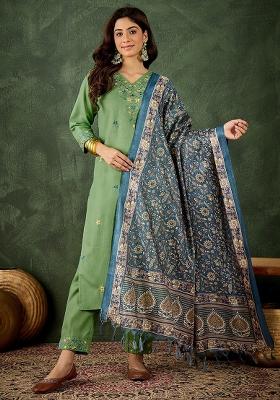 Pista Embroidered Cotton Blend Kurta Set