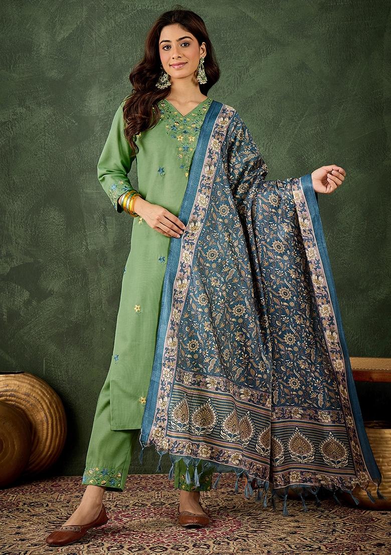 Pista Embroidered Cotton Blend Kurta Set - Indya