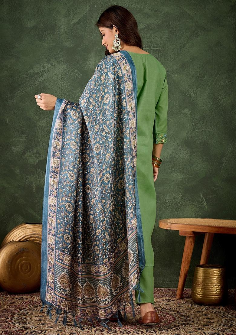 Pista Embroidered Cotton Blend Kurta Set - Indya