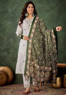 White Embroidered Cotton Blend Kurta Set