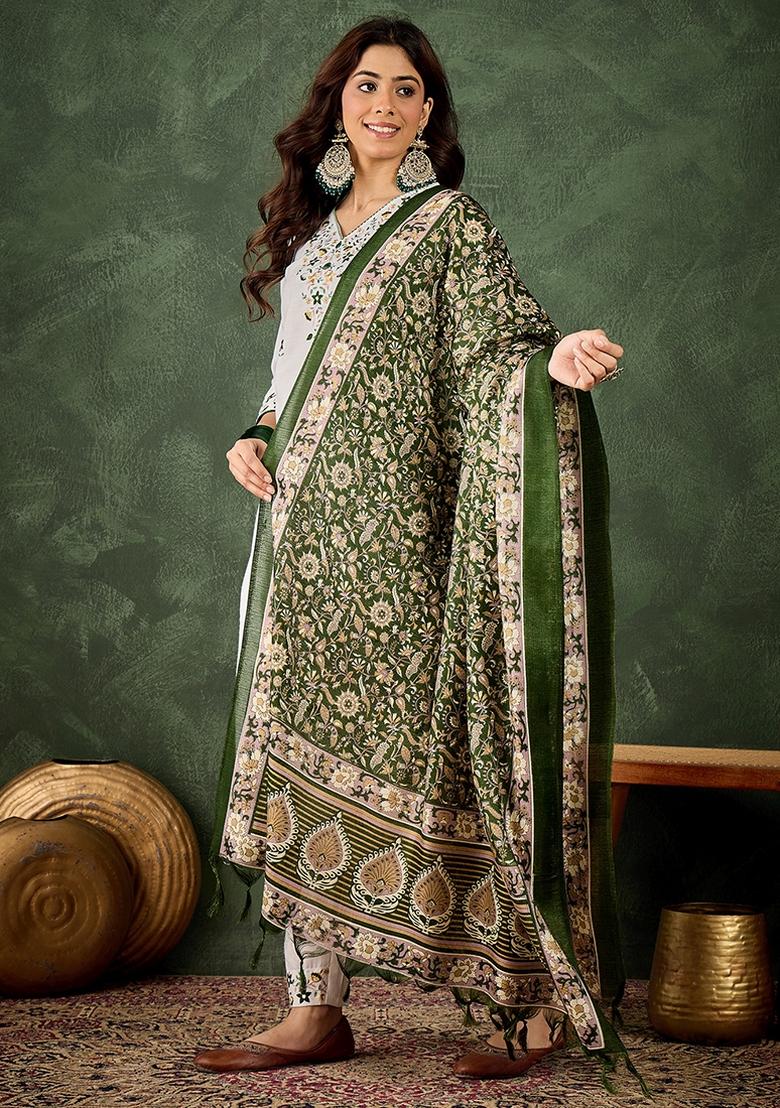 White Embroidered Cotton Blend Kurta Set - Indya