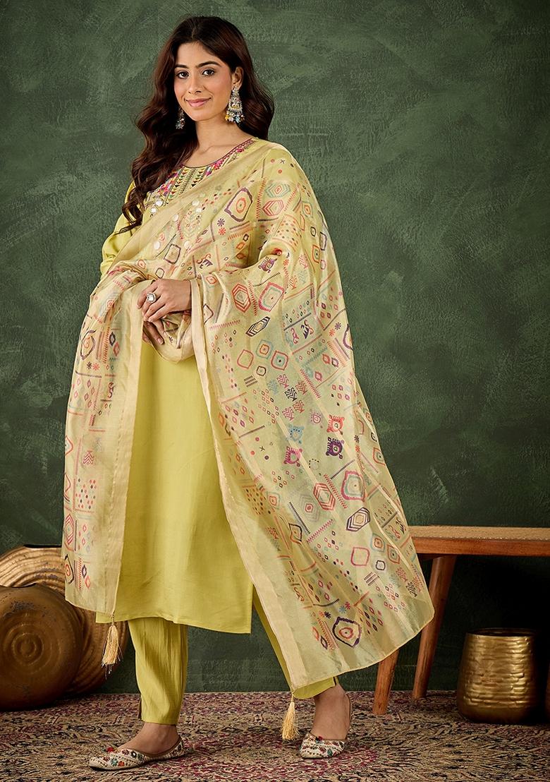 Light Yellow Embroidered Silk Blend Kurta Set - Indya