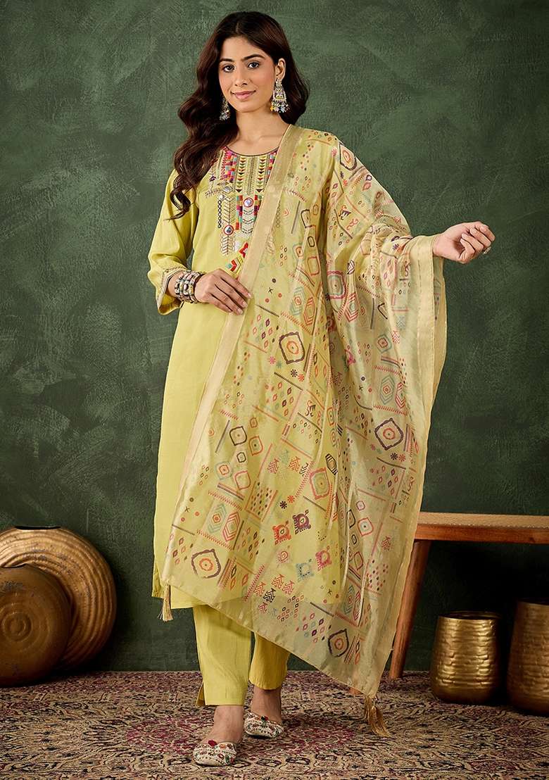 Light Yellow Embroidered Silk Blend Kurta Set - Indya