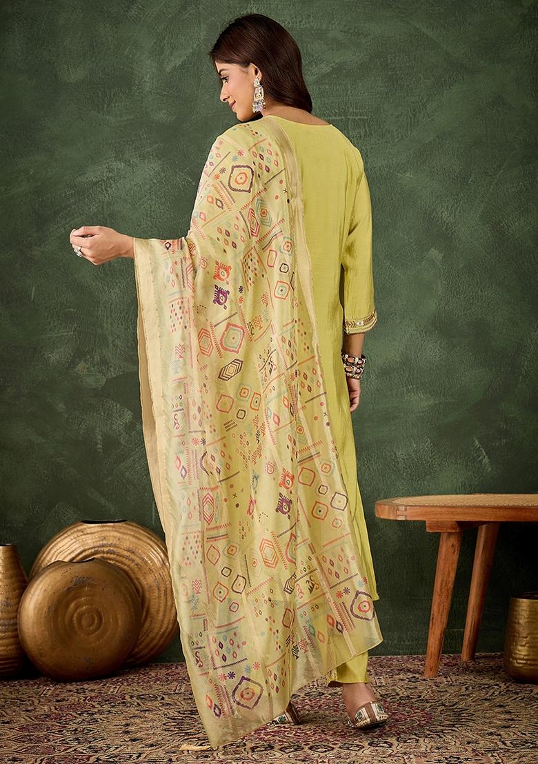 Light Yellow Embroidered Silk Blend Kurta Set - Indya