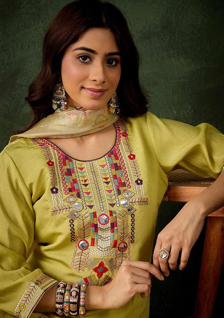Light Yellow Embroidered Silk Blend Kurta Set - Indya