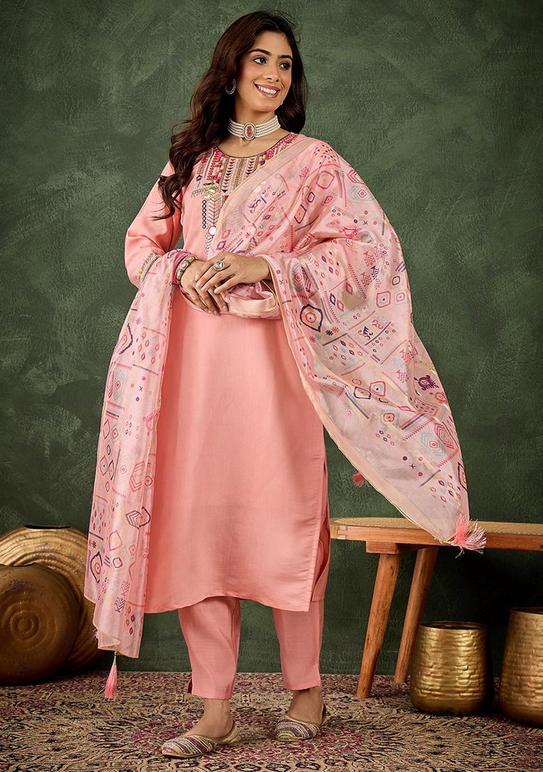 Pink Embroidered Silk Blend Kurta Set - Indya