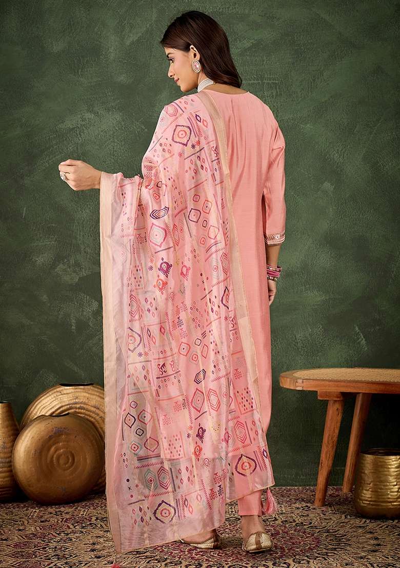 Pink Embroidered Silk Blend Kurta Set - Indya