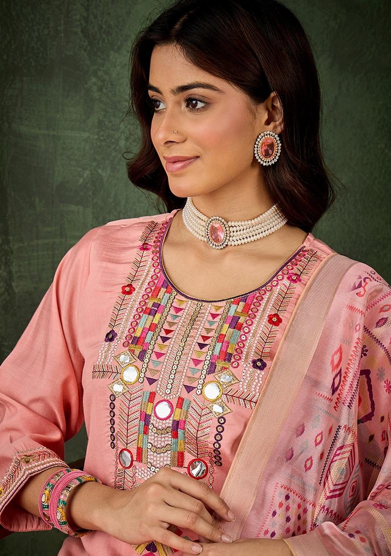 Pink Embroidered Silk Blend Kurta Set - Indya