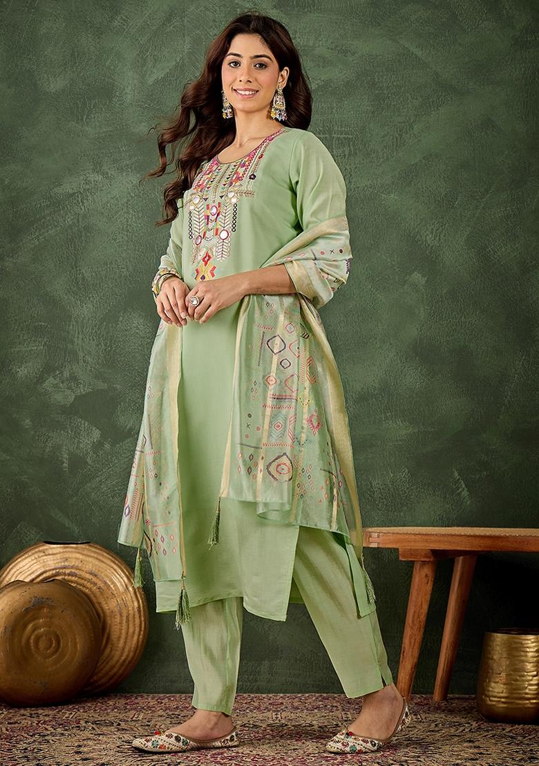 Sea Green Embroidered Silk Blend Kurta Set - Indya