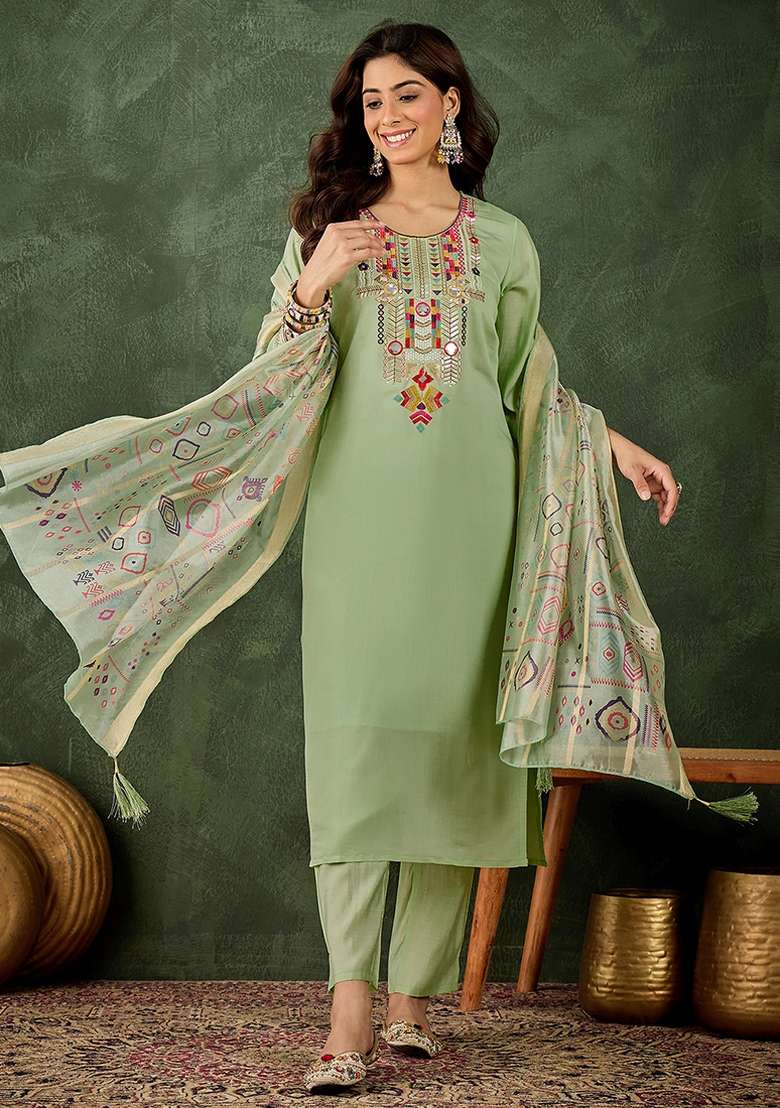 Sea Green Embroidered Silk Blend Kurta Set - Indya