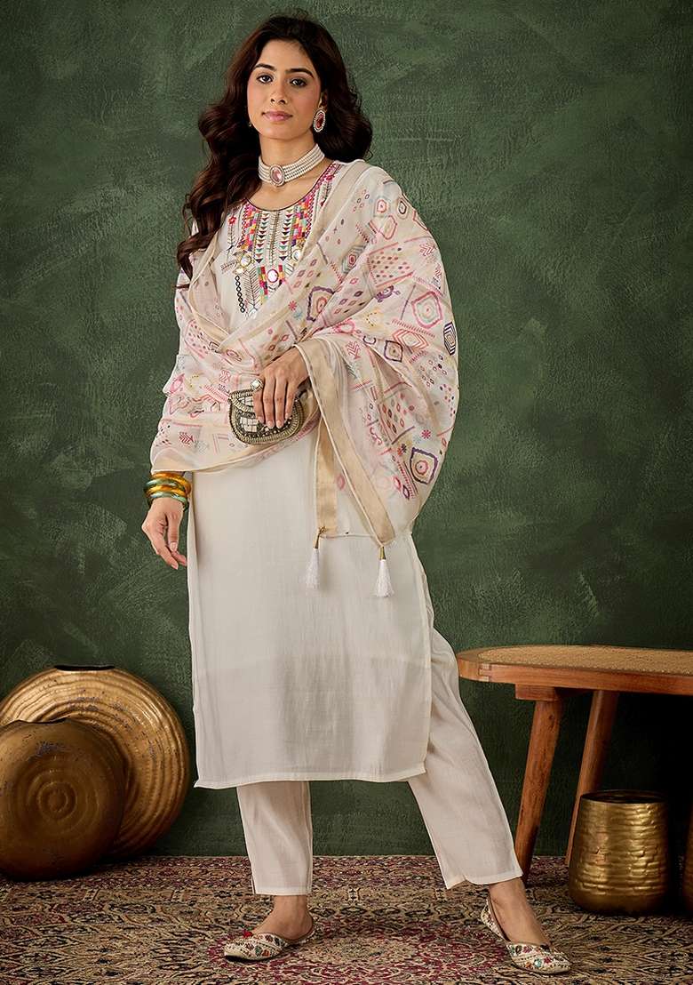 White Embroidered Silk Blend Kurta Set - Indya