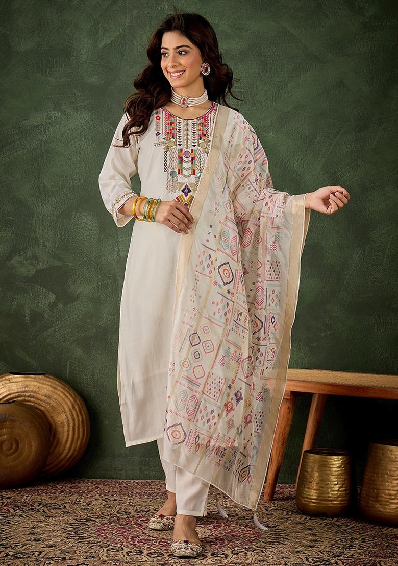 White Embroidered Silk Blend Kurta Set - Indya