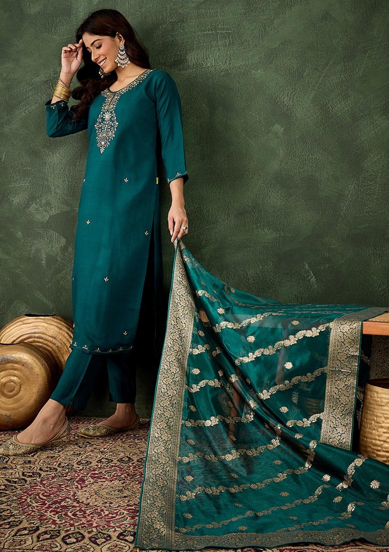 Green Embroidered Viscose Rayon Kurta Set - Indya