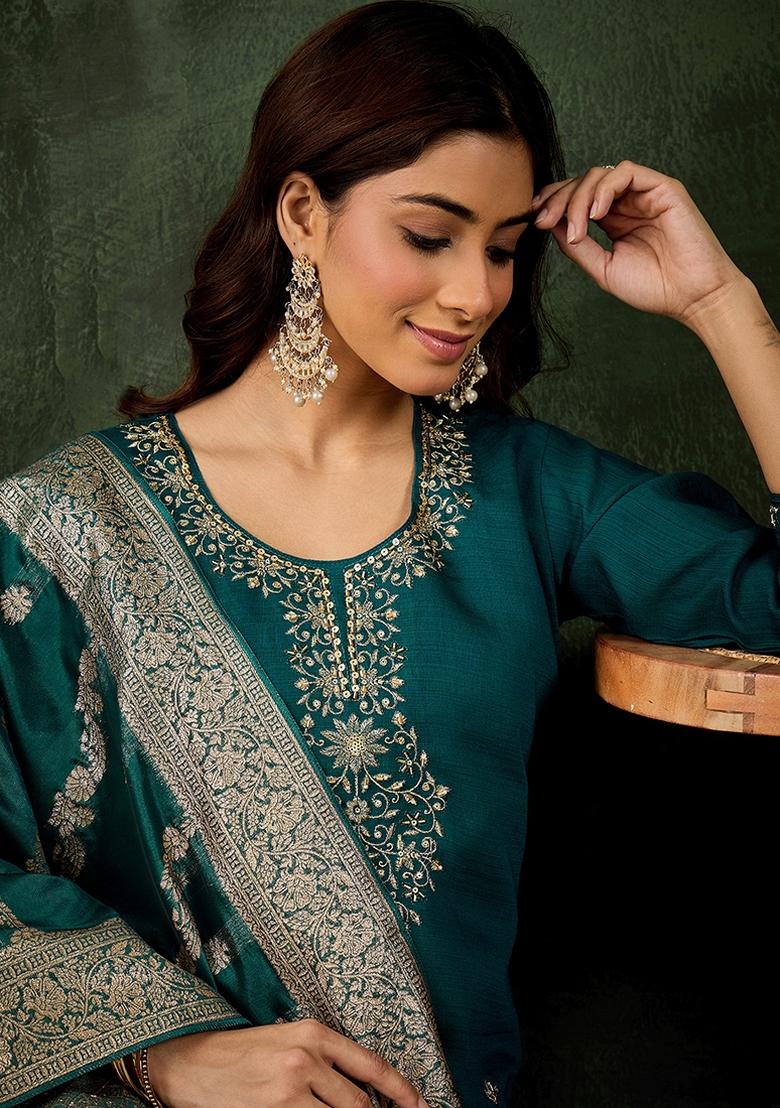 Green Embroidered Viscose Rayon Kurta Set - Indya