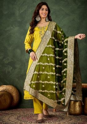 Lemon Embroidered Viscose Rayon Kurta Set