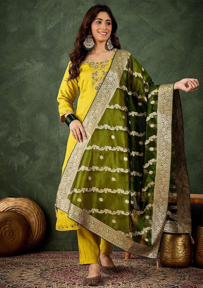 Lemon Embroidered Viscose Rayon Kurta Set - Indya