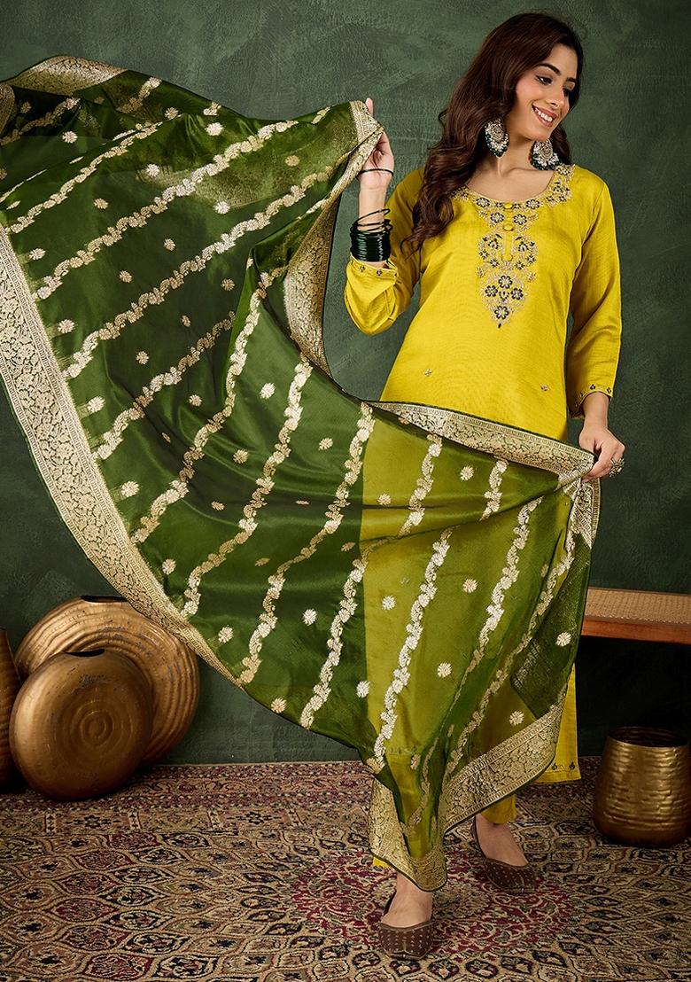 Lemon Embroidered Viscose Rayon Kurta Set - Indya