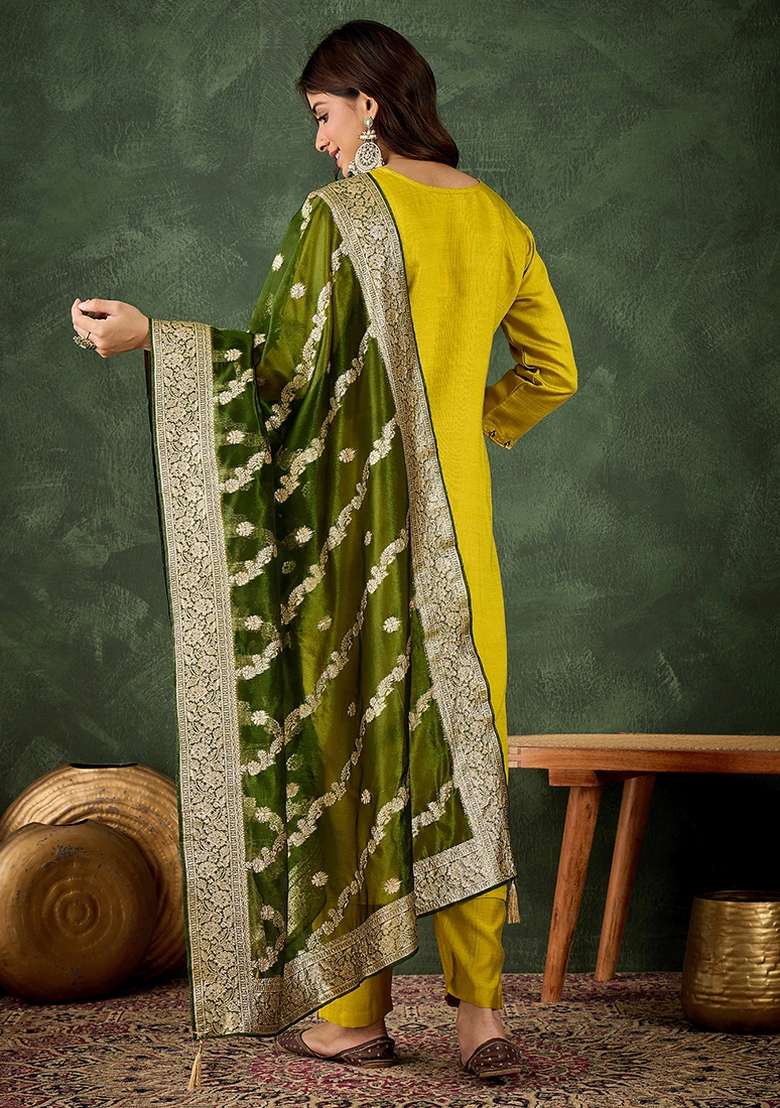 Lemon Embroidered Viscose Rayon Kurta Set - Indya