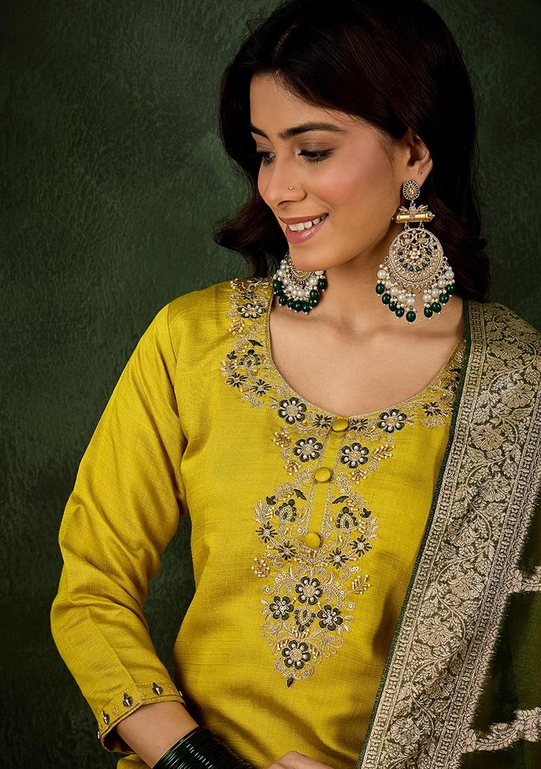 Lemon Embroidered Viscose Rayon Kurta Set - Indya