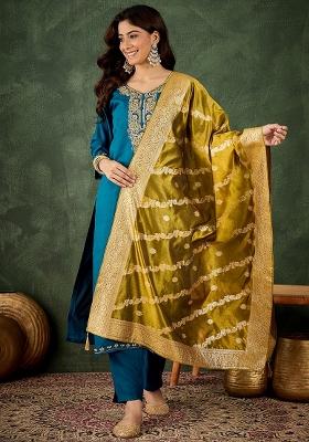 Teal Embroidered Viscose Rayon Kurta Set