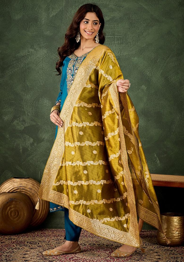 Teal Embroidered Viscose Rayon Kurta Set - Indya