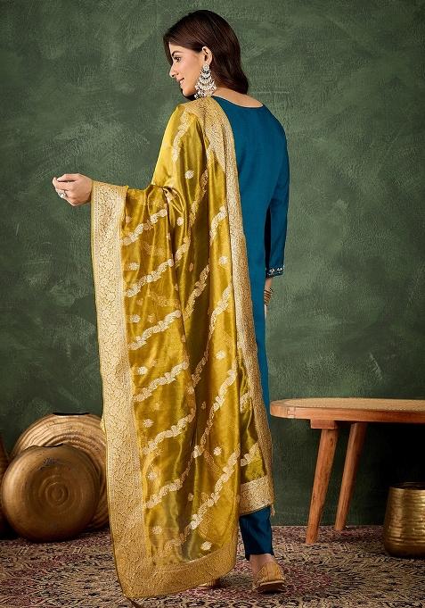 Teal Embroidered Viscose Rayon Kurta Set