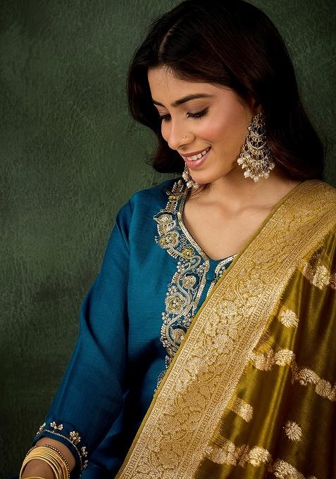 Teal Embroidered Viscose Rayon Kurta Set