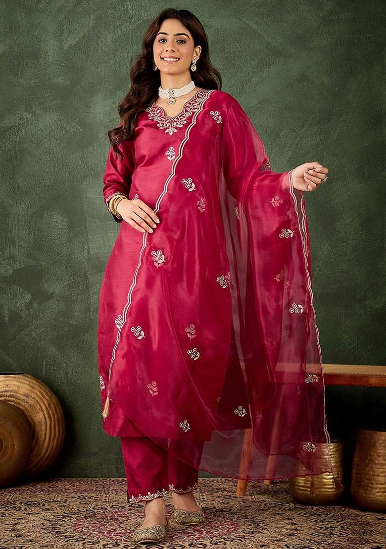 Cherry Red Embroidered Silk Blend Kurta Set - Indya