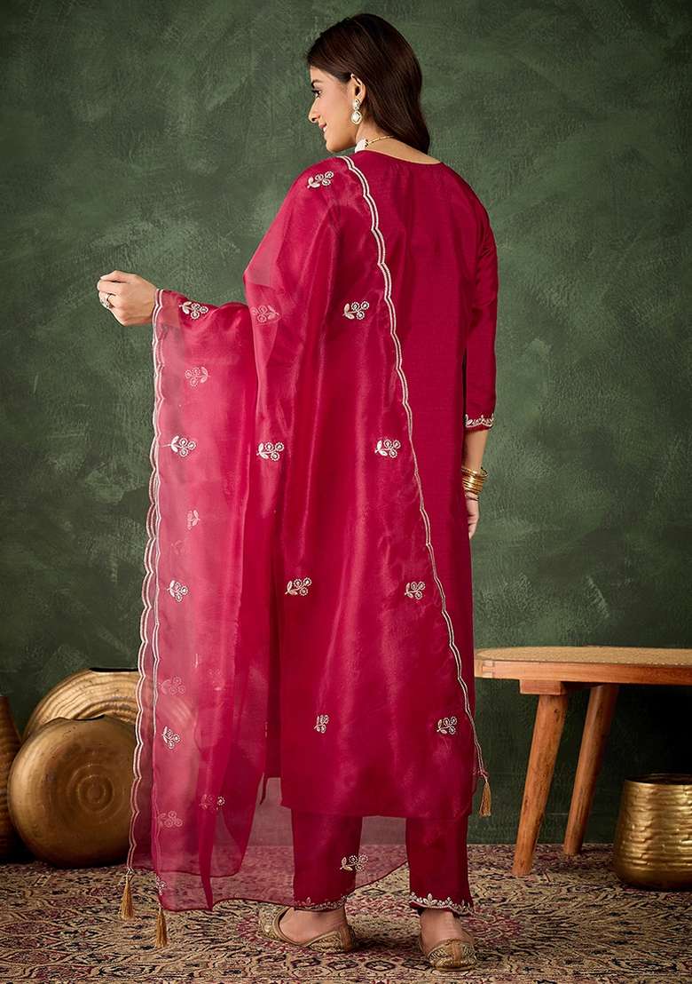 Cherry Red Embroidered Silk Blend Kurta Set - Indya