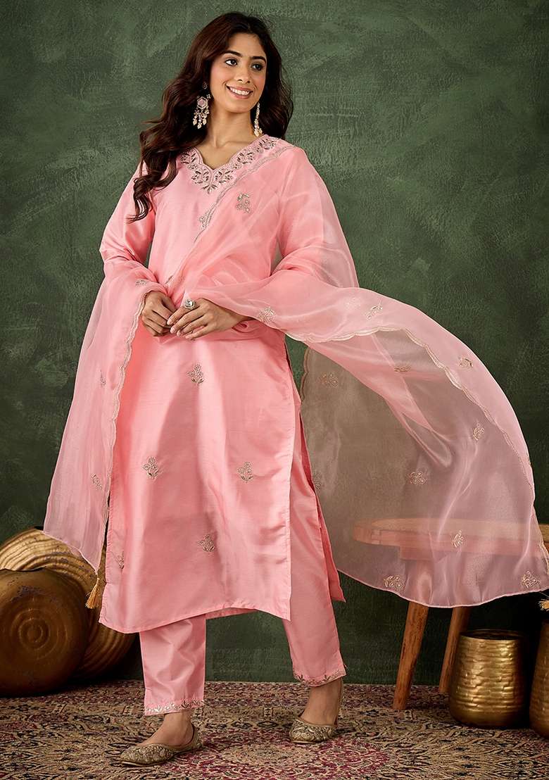 Pink Embroidered Silk Blend Kurta Set - Indya