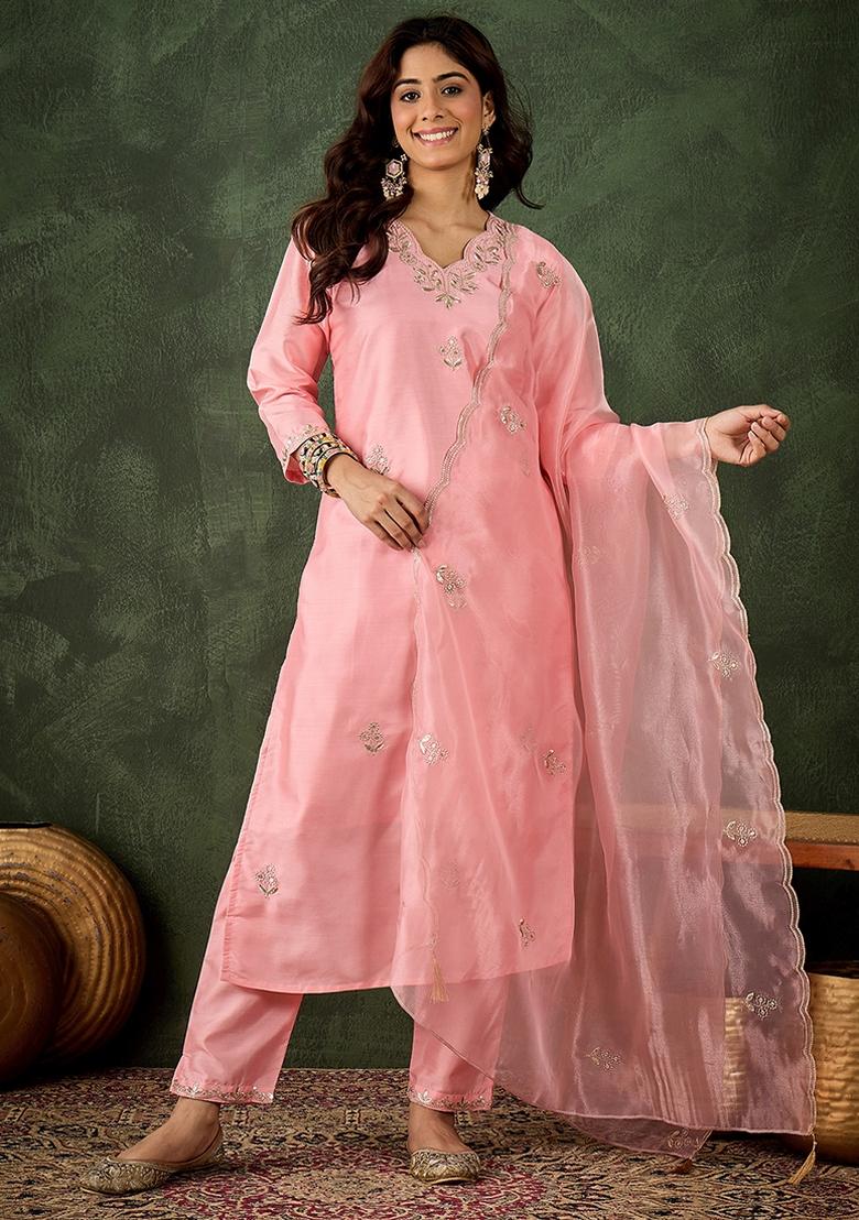 Pink Embroidered Silk Blend Kurta Set - Indya