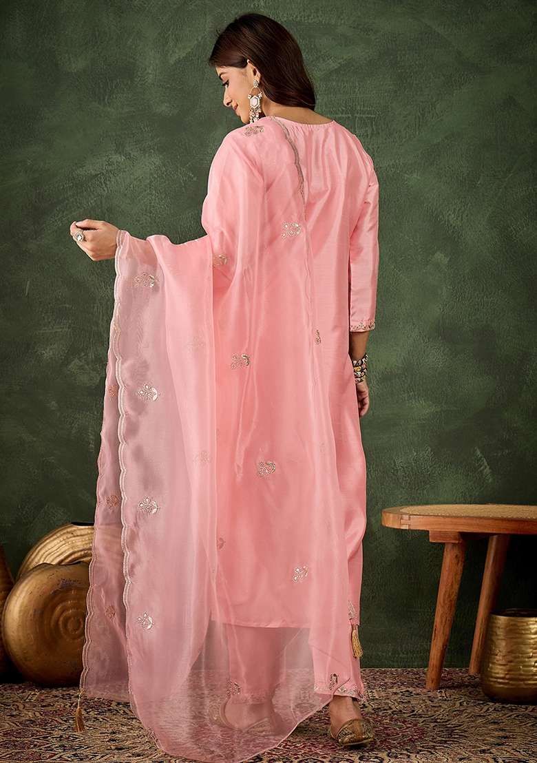 Pink Embroidered Silk Blend Kurta Set - Indya