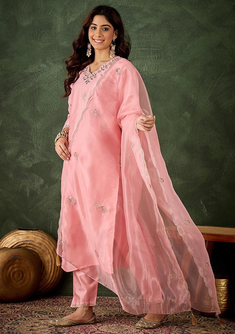 Pink Embroidered Silk Blend Kurta Set - Indya
