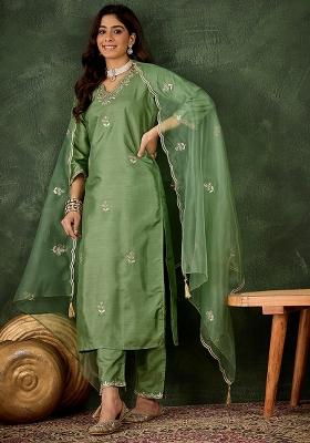 Pista Embroidered Silk Blend Kurta Set