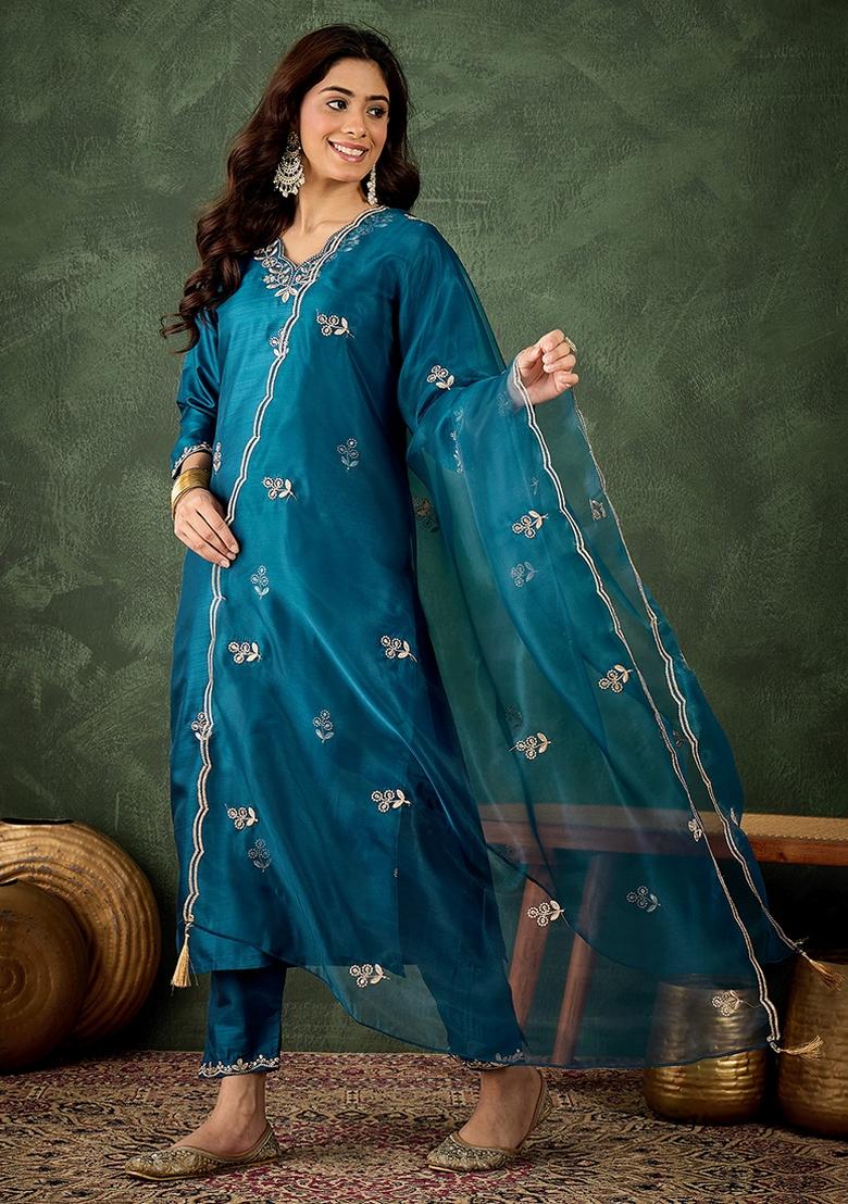 Teal Embroidered Silk Blend Kurta Set - Indya
