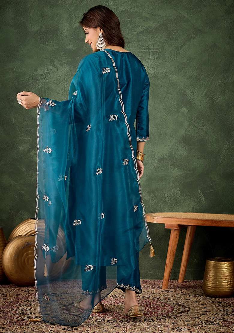 Teal Embroidered Silk Blend Kurta Set - Indya