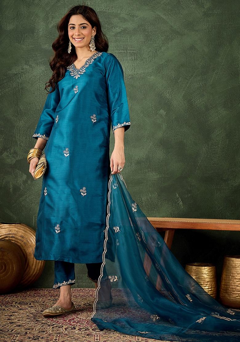 Teal Embroidered Silk Blend Kurta Set - Indya