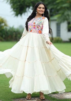 Off White Embroidered Cotton Gown