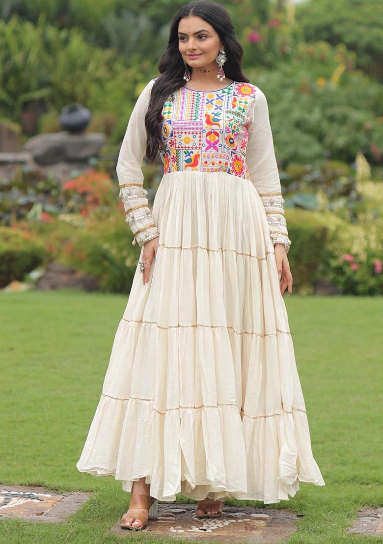 Off White Embroidered Cotton Gown - Indya