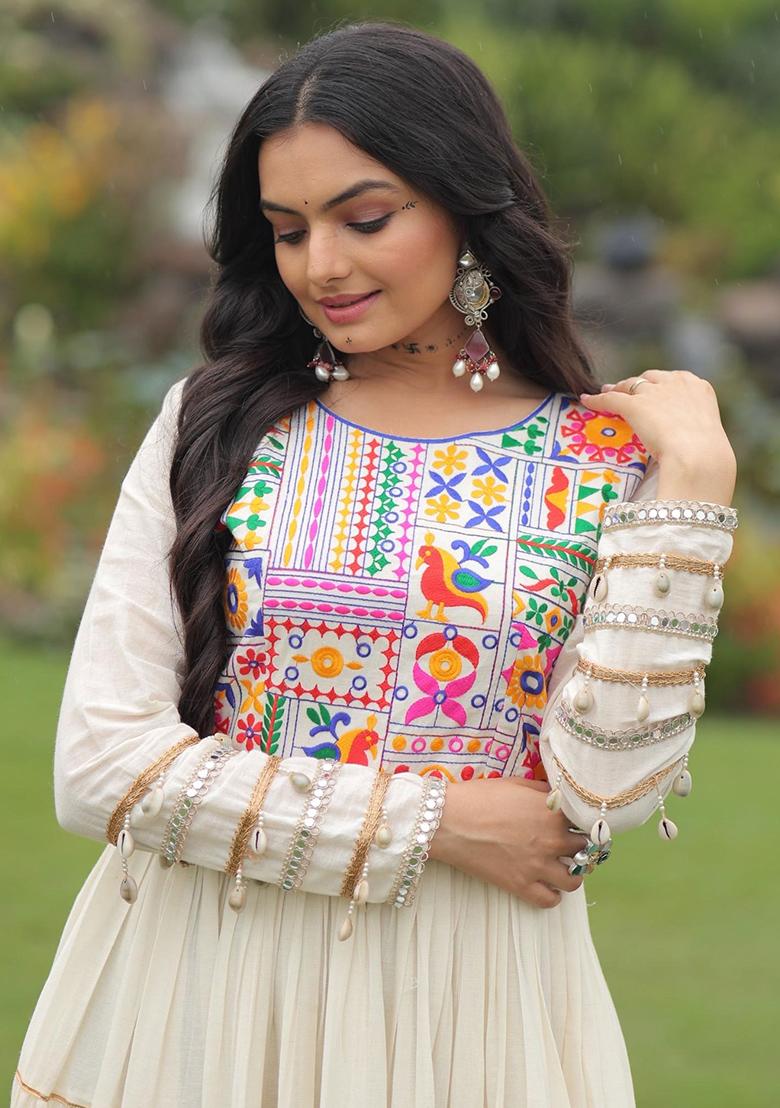 Off White Embroidered Cotton Gown - Indya